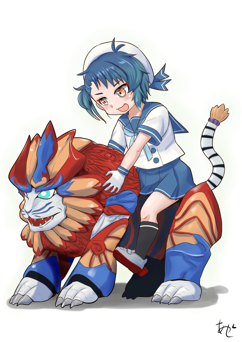 1girl akashieru black_socks blue_hair blue_neckerchief blue_sailor_collar blue_skirt brown_eyes fukae_(kancolle) gloves hat highres kantai_collection lion neckerchief one-hour_drawing_challenge open_mouth riding robot sailor_collar sailor_hat school_uniform serafuku short_hair side_ponytail simple_background skirt smile socks solo white_background white_gloves white_hat