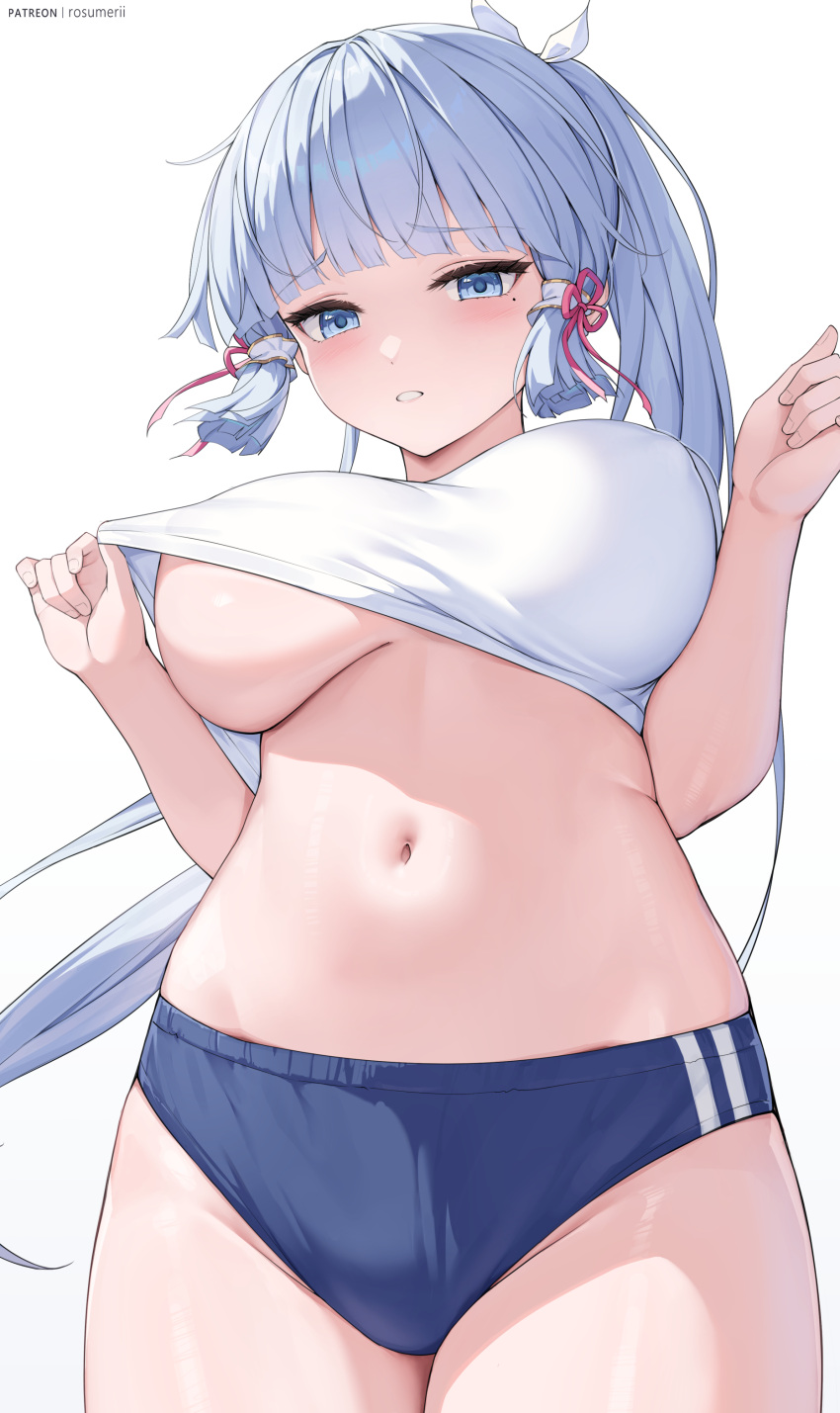 1girl absurdres alternate_costume blue_buruma blue_eyes blue_hair blush breasts buruma clothes_lift cowboy_shot genshin_impact hair_ribbon highres kamisato_ayaka large_breasts lifted_by_self light_blue_hair long_hair looking_at_viewer mole mole_under_eye navel no_bra patreon_username pink_ribbon ponytail ribbon rosumerii shiny_skin shirt shirt_lift sidelocks simple_background solo stomach underboob white_background white_shirt