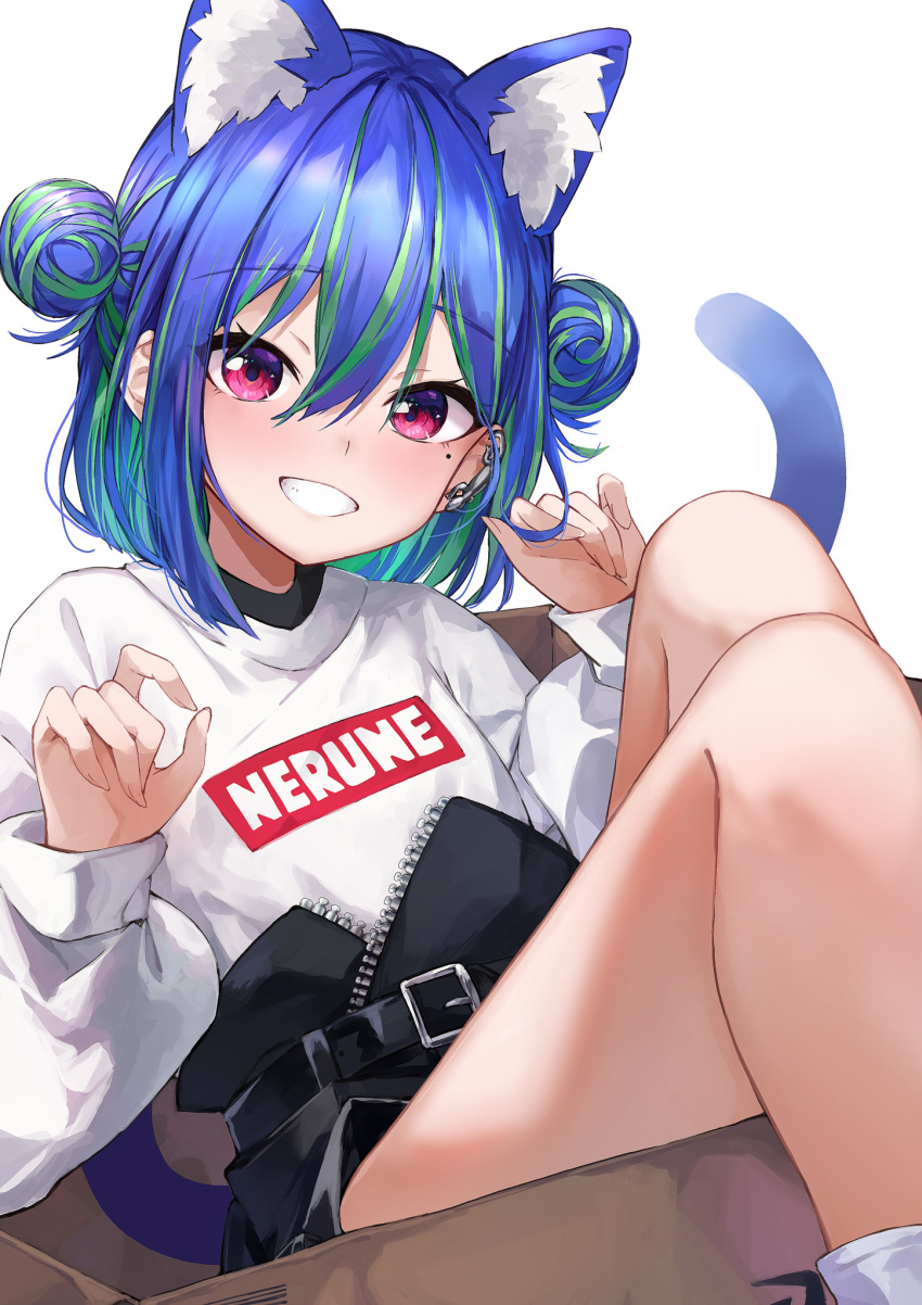 1girl animal_ears belt black_belt black_shorts blue_hair blush box cat_ears cat_girl cat_tail commentary double_bun earclip feet_out_of_frame flat_chest green_hair grin hair_between_eyes hair_bun high-waist_shorts highres in_box in_container kemonomimi_mode konkito long_bangs long_sleeves looking_at_viewer mole mole_under_eye multicolored_hair nanashi_inc. official_alternate_costume pink_eyes short_hair shorts simple_background smile solo suzumi_nemo suzumi_nemo_(2nd_costume) sweater symbol-only_commentary tail two-tone_hair virtual_youtuber white_background white_sweater