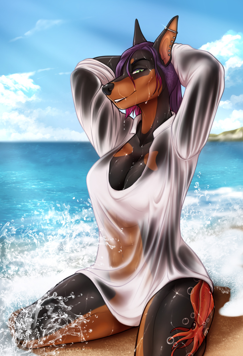 anthro beach blackblood-queen breasts canid canine canis clothing dobermann domestic_dog ear_piercing female hi_res kneeling looking_at_viewer mammal piercing pinscher solo t-shirt_only tattoo translucent translucent_clothing wet