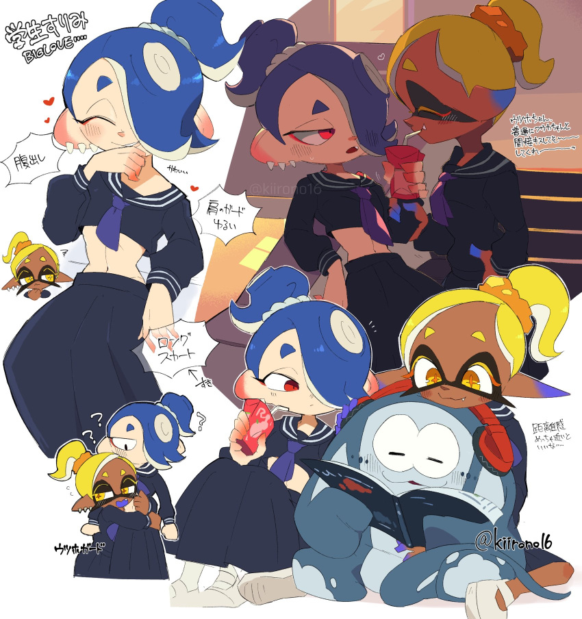 1boy 2girls big_man_(splatoon) black_shirt black_skirt blonde_hair blue_eyes book dark-skinned_female dark_skin frye_(splatoon) highres juice_box kiirono long_skirt midriff multiple_girls pointy_ears ponytail reading red_eyes school_uniform serafuku shirt shiver_(splatoon) short_eyebrows skirt splatoon_(series) splatoon_3 tentacle_hair yellow_eyes