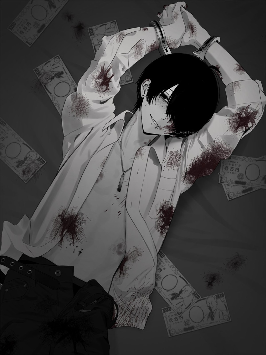 ahoge arms_up banknote belt bite_mark black_eyes black_hair black_pants blood blood_on_clothes blood_on_face blood_on_hands blush bruise collared_shirt cuffs earrings hair_over_one_eye handcuffs highres injury jewelry lip_piercing male_focus money necklace open_belt open_clothes open_fly open_shirt original pale_skin pants piercing shirt short_hair simple_background soui_manshin stud_earrings twitter_username unbuttoned unbuttoned_shirt unbuttoned_sleeves very_short_hair watermark white_shirt