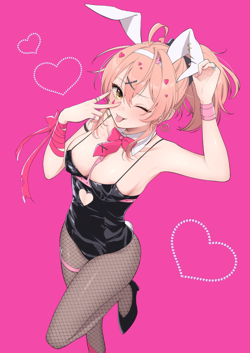 ;p absurdres ahoge alternate_costume animal_ear_hairband animal_ears arm_up armpits between_breasts black_bra black_leotard black_pantyhose bra bracelet breasts bunny_(vocaloid) clothing_cutout detached_collar fake_animal_ears fake_tail fingernails fishnet_pantyhose fishnets hairband heart heart_cutout highres idolmaster idolmaster_cinderella_girls jewelry jougasaki_mika leotard looking_at_viewer medium_breasts nail_polish one_eye_closed pantyhose pink_background pink_hair playboy_bunny ponytail rabbit_ear_hairband rabbit_ears rabbit_tail ribbon ring sayosayo-0 standing standing_on_one_leg strap_between_breasts strapless strapless_leotard tail thigh_strap tongue tongue_out underwear v white_hairband wrist_ribbon