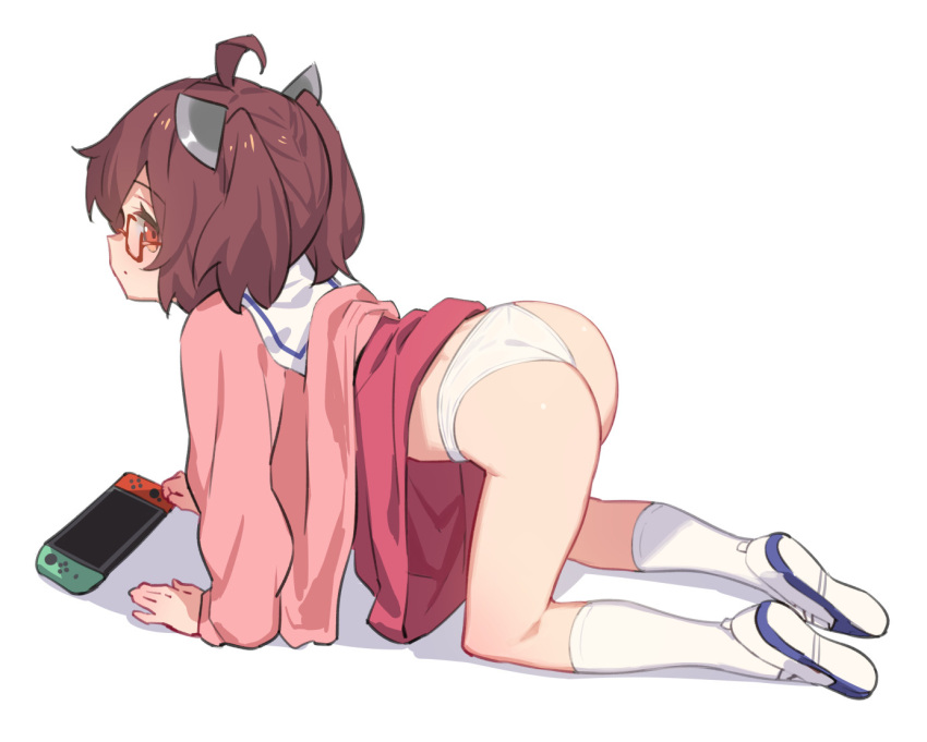 1girl ahoge all_fours ass bespectacled brown_hair buttons cardigan closed_mouth dress full_body glasses hair_between_eyes handheld_game_console headgear long_sleeves looking_at_viewer nintendo_switch open_cardigan open_clothes orange_eyes panties pink_cardigan red-framed_eyewear red_dress sailor_collar sailor_dress shoes short_hair simple_background socks solo touhoku_kiritan underwear voiceroid white_background white_panties white_sailor_collar white_socks yamamomo_(plank)