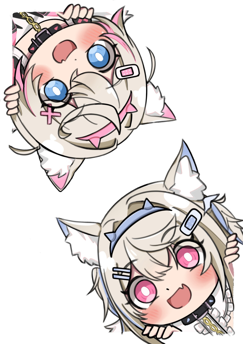 2girls :d absurdres animal_collar animal_ears bandaid bandaid_hair_ornament blue_eyes blue_hair blue_hairband blush chibi chibi_only collar commentary_request crossed_bangs dog_ears double-parted_bangs fake_horns fang fuwawa_abyssgard hair_between_eyes hair_intakes hair_ornament hairband hairclip highres hololive hololive_english horn_hairband horns light_brown_hair long_hair looking_at_viewer mococo_abyssgard multicolored_hair multiple_girls open_mouth pink_eyes short_hair siblings simple_background sisters skin_fang smile spiked_collar spikes streaked_hair twins two_side_up virtual_youtuber white_background x_hair_ornament yashamaru_(yashamalu_1004)