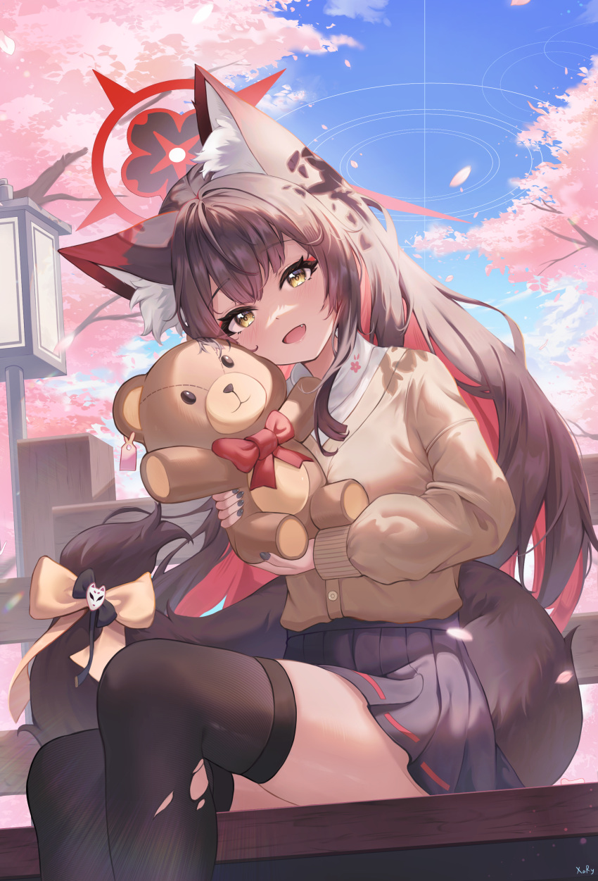 1girl :d absurdres alternate_costume animal_ear_fluff animal_ears bench black_hair black_skirt black_thighhighs blue_archive blunt_bangs blurry brown_cardigan cardigan casual cherry_blossoms colored_inner_hair commentary_request depth_of_field eyeshadow falling_petals fox_ears fox_girl fox_tail hair_between_eyes halo head_tilt highres hugging_doll hugging_object lamppost long_hair long_sleeves looking_at_viewer makeup multicolored_hair on_bench outdoors park_bench petals pleated_skirt red_eyeshadow sidelocks sitting skirt smile solo stuffed_animal stuffed_toy tail teddy_bear thighhighs torn_clothes torn_thighhighs two-tone_hair wakamo_(blue_archive) xary yellow_eyes zettai_ryouiki