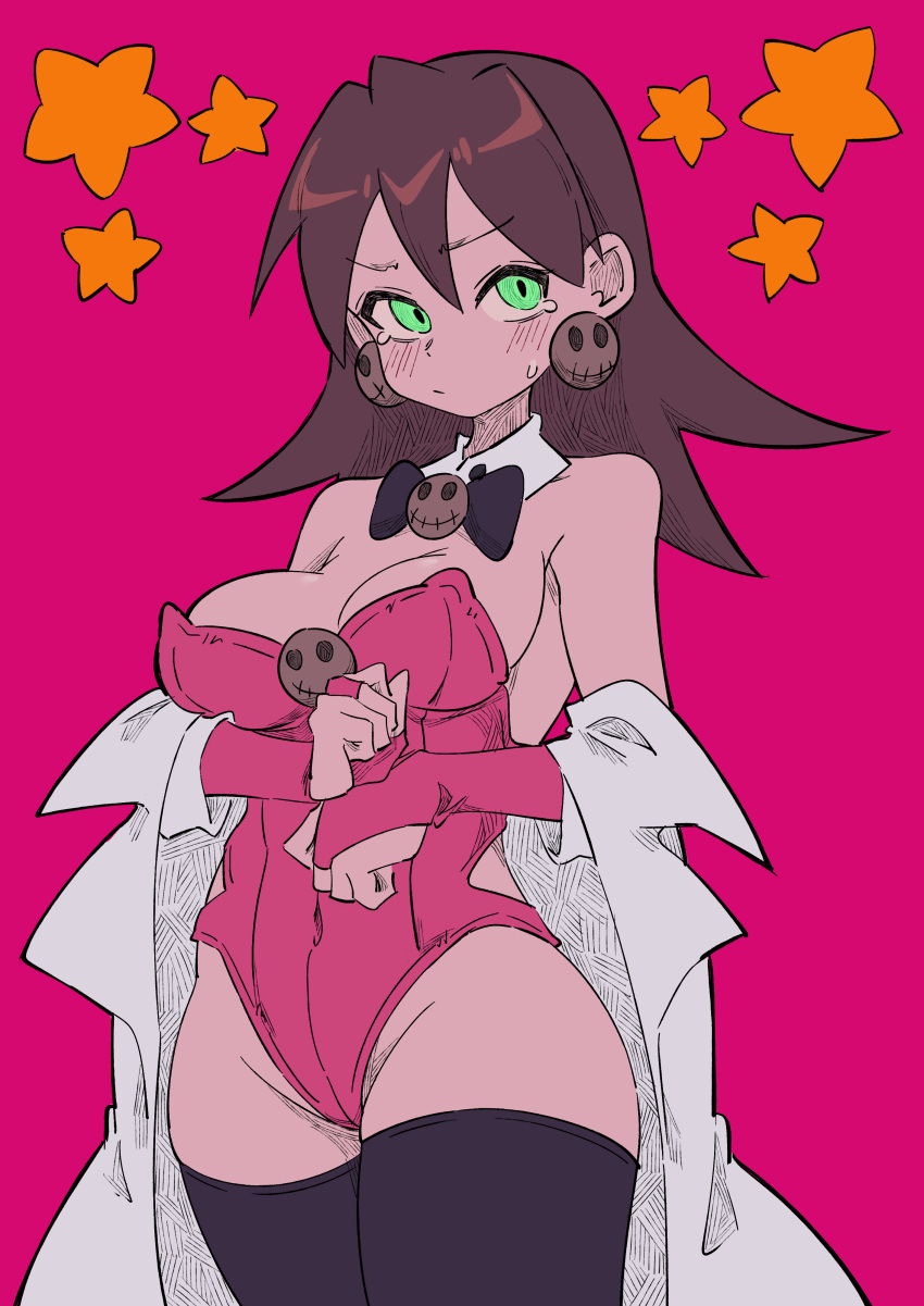 1girl absurdres bare_shoulders black_thighhighs blush breasts bridal_gauntlets brown_hair buzzlyears cleavage cowboy_shot earrings green_eyes highres jewelry lab_coat leotard looking_at_viewer medium_breasts medium_hair mega_man_(series) mega_man_legends_(series) pink_background pink_bridal_gauntlets pink_leotard playboy_bunny simple_background skull_brooch skull_earrings solo star_(symbol) tears thighhighs tron_bonne_(mega_man)