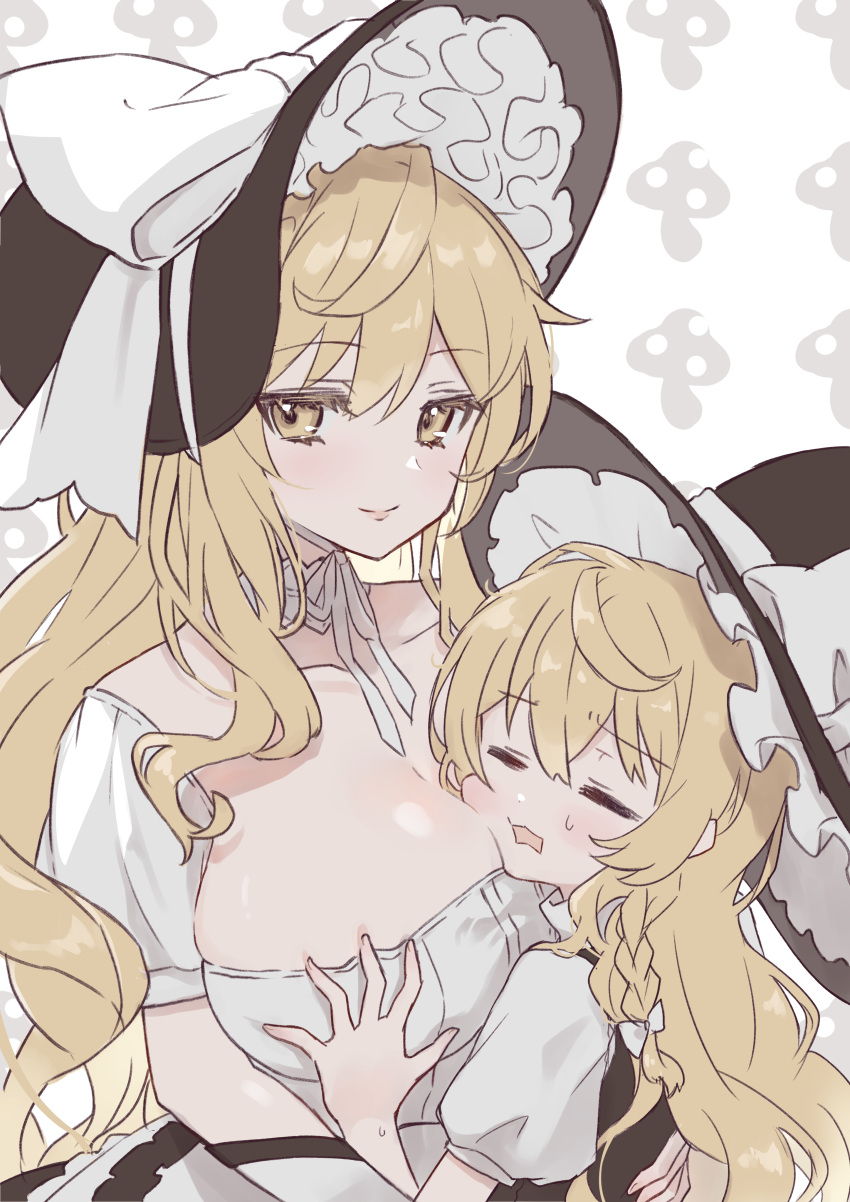 2girls :3 absurdres aged_up ahase_hino black_hat black_vest blonde_hair bonnet bow braid breasts cleavage closed_eyes closed_mouth collarbone commentary_request dress food_print grabbing grabbing_another's_breast hair_bow hand_on_another's_back hat hat_bow highres invincible_marisa kirisame_marisa large_breasts light_smile long_hair looking_at_viewer multiple_girls mushroom mushroom_print new_super_marisa_land open_mouth shirt short_sleeves sidelocks simple_background single_braid sitting sitting_on_lap sitting_on_person skindentation sweatdrop time_paradox touhou upper_body vest white_background white_bow white_dress white_shirt witch_hat yellow_eyes