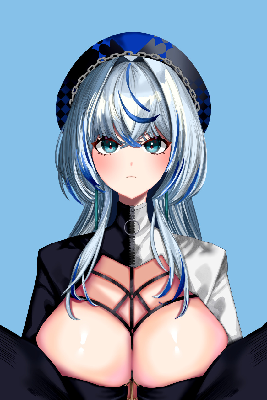 1girl absurdres aqua_eyes beret black_hat blue_background blue_hair blue_hat breasts closed_mouth crossed_bangs eyelashes grey_hair hat highres large_breasts long_hair otherwork solo split-color_clothes two-tone_hat upper_body virtual_youtuber vlyz yun_eze zipper zipper_pull_tab