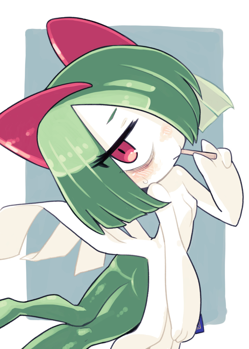 bags_under_eyes cigarette colored_skin green_hair hair_over_one_eye highres holding holding_cigarette horns ino_(tellu0120) kirlia looking_at_viewer multicolored_skin pink_eyes pokemon pokemon_(creature) sidelocks simple_background square two-tone_skin white_skin