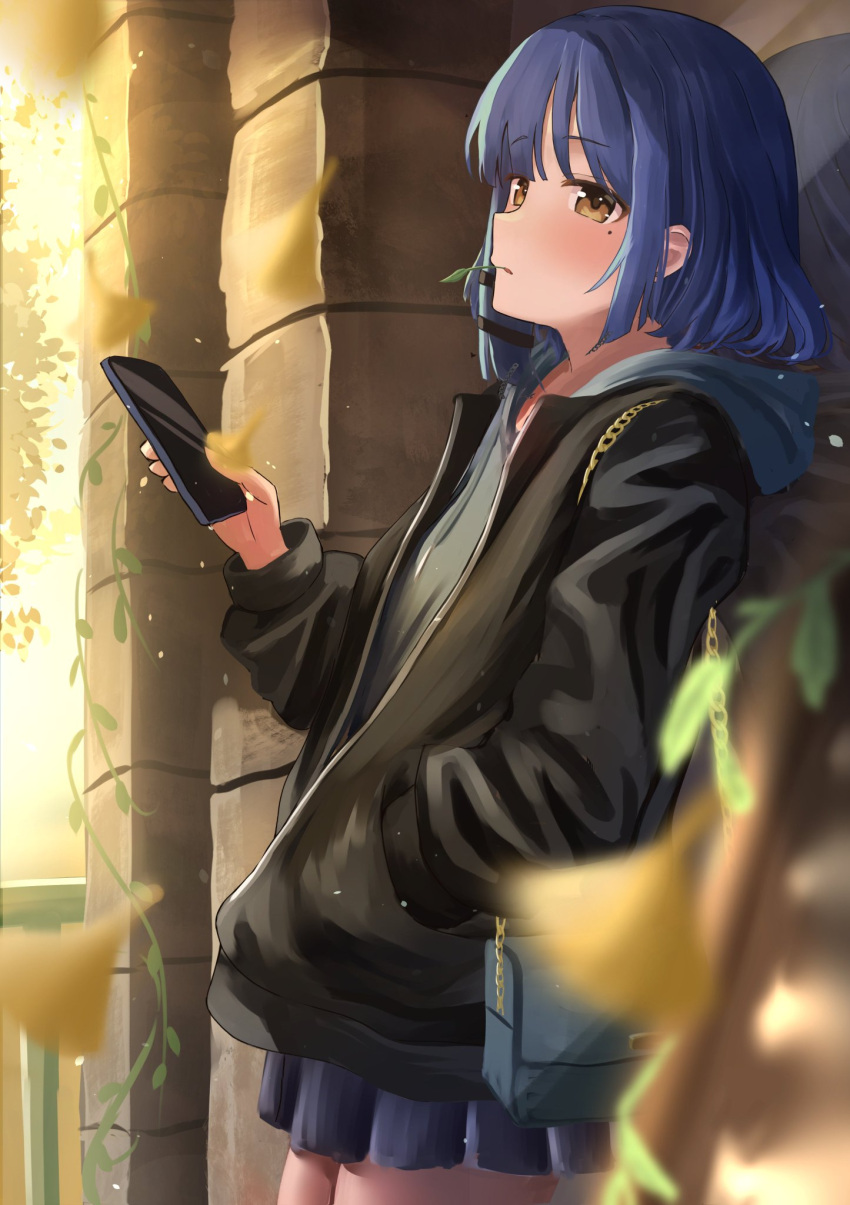 1girl against_wall bag black_jacket blue_hair blush bocchi_the_rock! chain gold_chain hair_ornament hairclip hand_in_pocket highres holding holding_phone hood hoodie jacket kirinagi35 looking_at_viewer mole mole_under_eye mouth_hold phone school_uniform shoulder_bag stalk_in_mouth standing yamada_ryo yellow_eyes