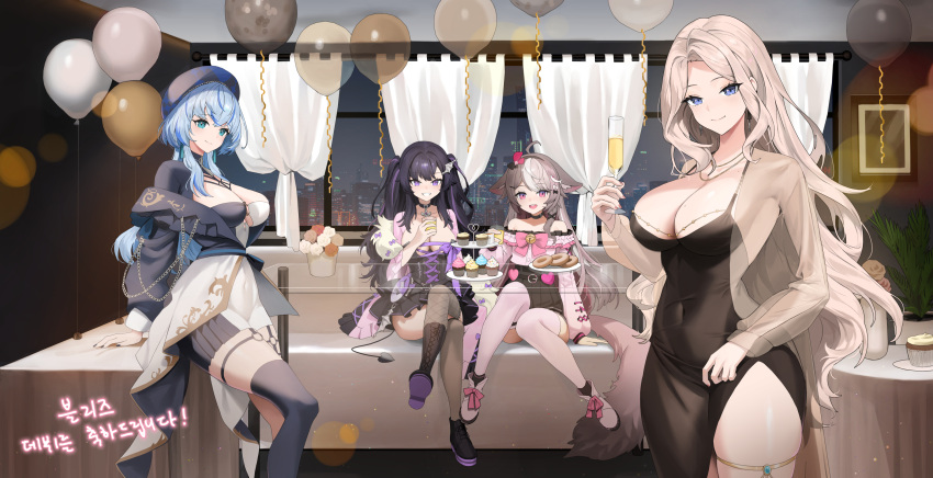 4girls ahoge alcohol animal_ears aqua_eyes asymmetrical_footwear asymmetrical_legwear balloon bell beret black_bow black_dress black_footwear black_hair black_hat black_thighhighs blue_eyes blue_hair blue_hat bow breasts brown_hair byocho champagne champagne_flute cityscape closed_mouth covered_navel cross-laced_clothes cross-laced_dress crossed_legs cup cupcake curtains demon_tail doughnut dress drinking_glass fishnet_thighhighs fishnets food footwear_bow glass_table grey_hair hair_bow hair_ornament hat high-waist_skirt highres holding holding_cup large_breasts lee_rein long_hair mismatched_legwear moon_momo multicolored_hair multiple_girls nana_ring off-shoulder_shirt off_shoulder pink_bow pink_eyes pink_footwear pink_thighhighs pleated_skirt purple_bow purple_eyes purple_hair shirt side_slit single_fishnet_legwear skirt smile streaked_hair table tail thighhighs twintails two-tone_dress two-tone_hat virtual_youtuber vlyz white_bow white_dress white_hair window yun_eze