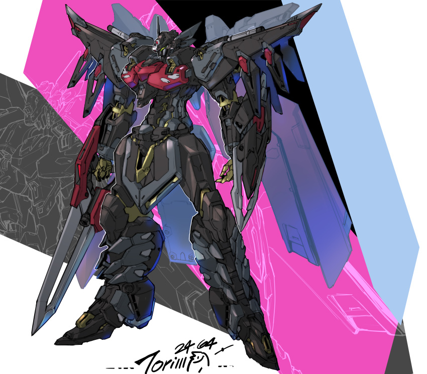 absurdres arm_shield arms_at_sides artist_name black_knight_squad_shi-ve.a commentary_request dated full_body green_eyes gundam gundam_seed gundam_seed_freedom highres holding holding_sword holding_weapon legs_apart mecha mecha_focus mobile_suit niao_san_shi no_humans redesign robot science_fiction solo standing sword weapon