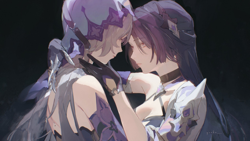 2girls acheron_(honkai:_star_rail) bare_shoulders black_choker black_gloves black_swan_(honkai:_star_rail) breasts choker cleavage coat couple dress elbow_gloves eye_contact face-to-face gloves hair_over_one_eye hair_spread_out hand_on_another's_cheek hand_on_another's_chin hand_on_another's_face hand_on_another's_shoulder highres honkai:_star_rail honkai_(series) imminent_kiss large_breasts long_hair looking_at_another mole mole_on_back multicolored_hair multiple_girls profile purple_dress purple_eyes purple_gloves purple_hair purple_veil single_bare_shoulder sleeveless sleeveless_dress streaked_hair upper_body veil very_long_hair white_coat yellow_eyes yueko_(jiayue_wu) yuri