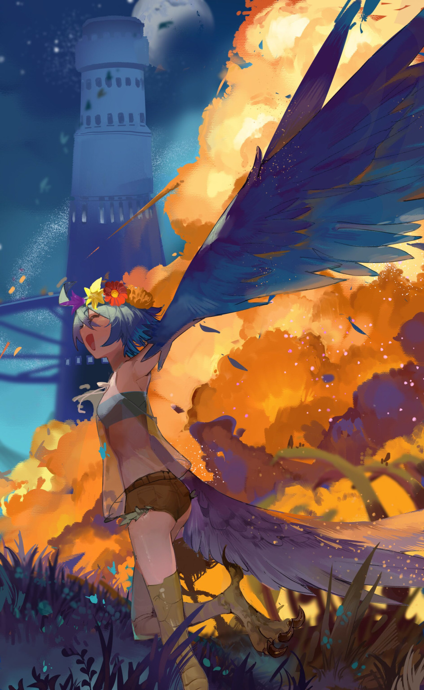 1girl absurdres ahoge ass ass_(zhengzhen) bandeau bird_legs blue_bandeau blue_feathers blue_hair blue_wings breasts closed_eyes commentary_request feathered_wings feathers hair_between_eyes harpy head_wreath highres monster_girl monster_musume_no_iru_nichijou open_mouth outdoors outstretched_arms papi_(monster_musume) scales short_hair shorts small_breasts solo standing standing_on_one_leg talons winged_arms wings