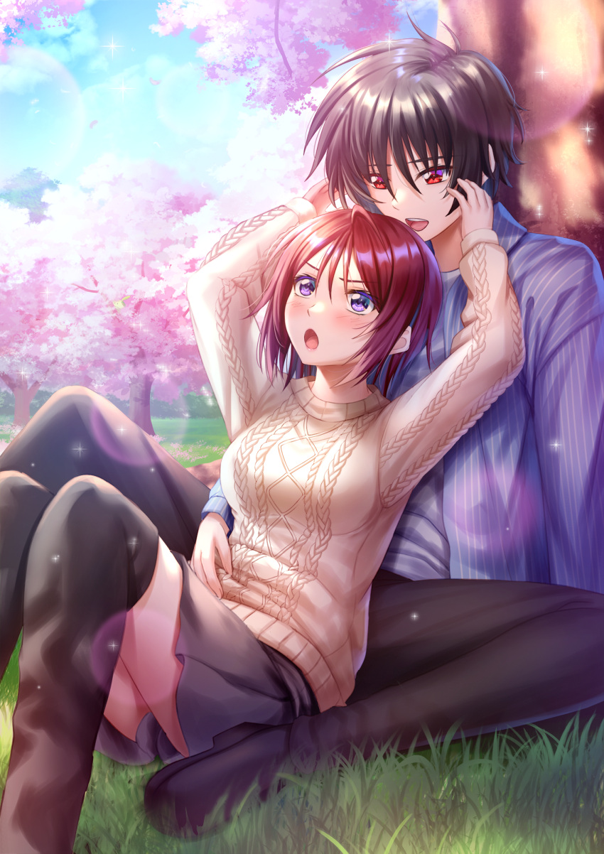 1boy 1girl :d aran_sweater arms_up black_footwear black_hair black_pants black_thighhighs blue_jacket blue_sky breasts brown_sweater cable_knit cloud cloudy_sky commentary_request day feet_out_of_frame grey_skirt gundam gundam_seed gundam_seed_destiny hair_between_eyes highres jacket knees_up lunamaria_hawke medium_breasts on_grass open_clothes open_jacket outdoors pants petals pleated_skirt purple_eyes red_eyes red_hair shinn_asuka shirt shoes sitting sitting_on_lap sitting_on_person skirt sky smile striped_clothes striped_jacket sweater thighhighs toshi_(1-147) tree vertical-striped_clothes vertical-striped_jacket white_shirt