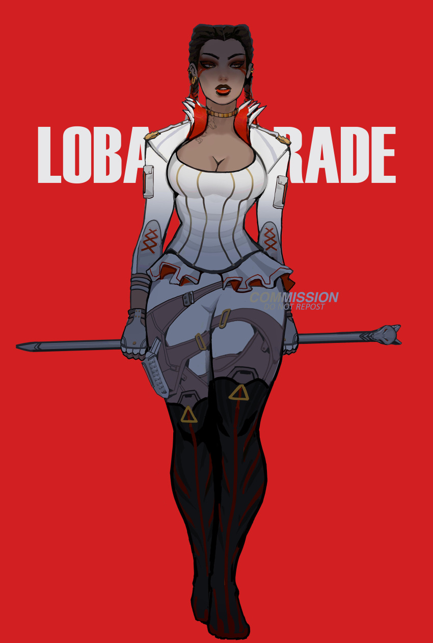 1girl absurdres apex_legends black_footwear boots braid breasts brown_eyes brown_hair character_name cleavage commission cropped_jacket dark-skinned_female dark_skin earrings eyeshadow fingerless_gloves gloves gold_choker hair_behind_ear highres holding holding_staff jacket jewelry loba_(apex_legends) long_hair makeup medium_breasts pants parted_lips peter_chai red_background red_eyeshadow red_hair red_lips shirt skirt solo staff twin_braids walking white_gloves white_jacket white_pants white_shirt white_skirt