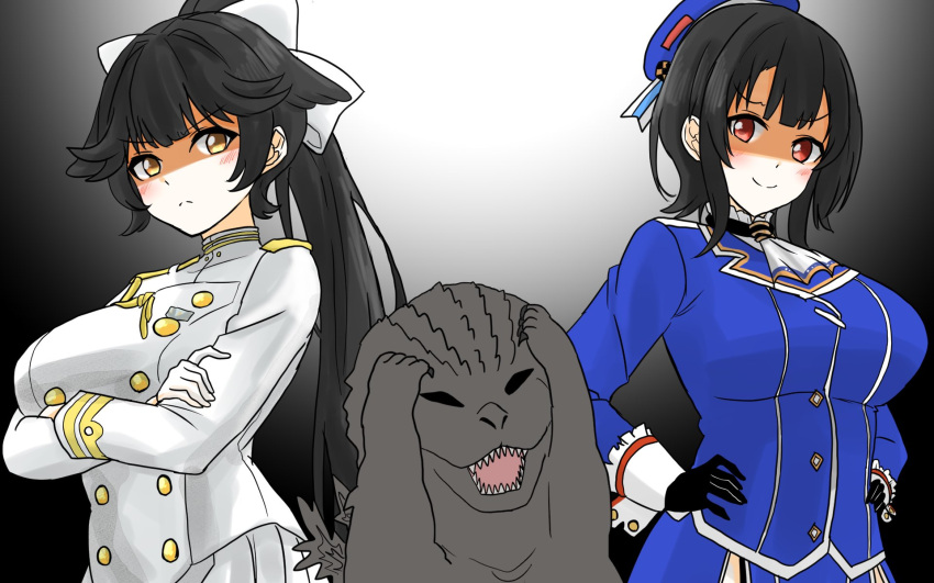 1girl 2girls ascot azur_lane beret black_gloves black_hair black_scales blue_hat blush bow breasts brown_eyes cat_covering_ears_(meme) crossed_arms crossover garter_straps giant giant_monster gloves godzilla_(series) godzilla_minus_one hair_bow hair_ears hair_flaps hands_on_own_hips hat highres ibuki_(tulta_icon) kaijuu kantai_collection large_breasts long_hair meme military military_uniform multiple_girls open_mouth ponytail red_eyes ribbon short_hair skirt spines takao_(azur_lane) takao_(kancolle) uniform very_long_tail white_bow