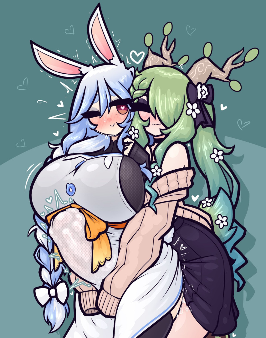 2girls animal_ears blue_hair blush bow braid breasts ceres_fauna choker closed_eyes cowboy_shot english_commentary futa_with_female futanari green_hair hair_between_eyes hair_bow hair_over_one_eye heart heart-shaped_pupils highres hololive hololive_english hug hug_from_behind huge_breasts huge_penis large_insertion limebreaker multiple_girls one_eye_closed pekomama penis pussy_juice rabbit_ears rabbit_girl rabbit_tail sex sex_from_behind skirt smile standing standing_sex stomach_bulge sweat symbol-shaped_pupils tail thighhighs trembling twintails