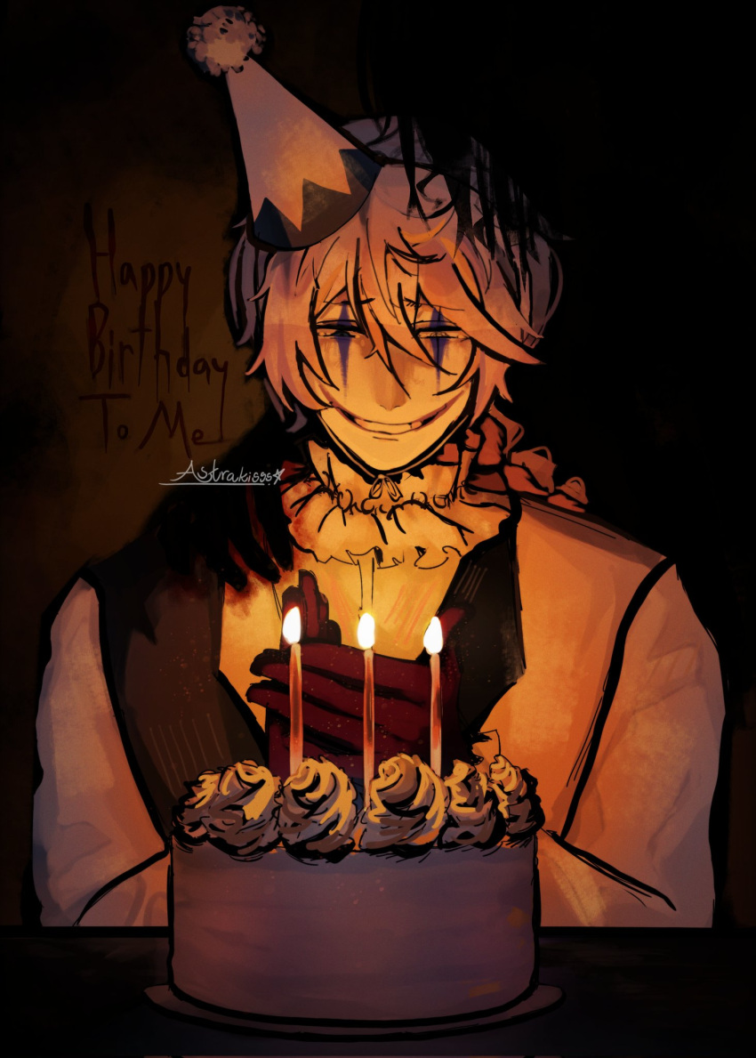 astrakisss birthday birthday_cake braid bungou_stray_dogs cake candle center_frills clown collared_jacket cropped_torso food frills gloves hair_between_eyes happy_birthday hat highres jacket multicolored_clothes multicolored_jacket nikolai_gogol_(bungou_stray_dogs) party_hat red_gloves scar scar_across_eye single_braid star_(symbol) star_in_eye symbol_in_eye twitter_username two-tone_jacket watermark white_hair white_hat