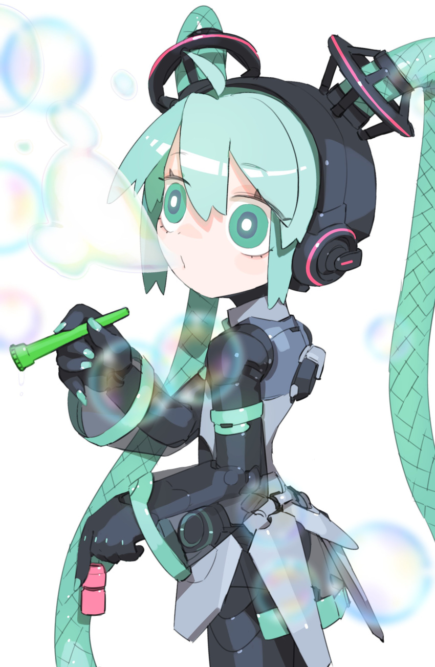 1girl absurdres ahoge android aqua_eyes aqua_hair aqua_necktie bare_shoulders black_sleeves blowing_bubbles blurry blurry_foreground bright_pupils bubble_pipe cable_hair character_name cheri_zao cowboy_shot detached_sleeves from_side hatsune_miku highres holding joints long_hair looking_at_viewer mechanical_parts miniskirt necktie robot_girl robot_joints see-through see-through_skirt see-through_sleeves shadow shirt simple_background skirt sleeveless sleeveless_shirt soap_bubbles solo standing very_long_hair vocaloid white_background white_pupils