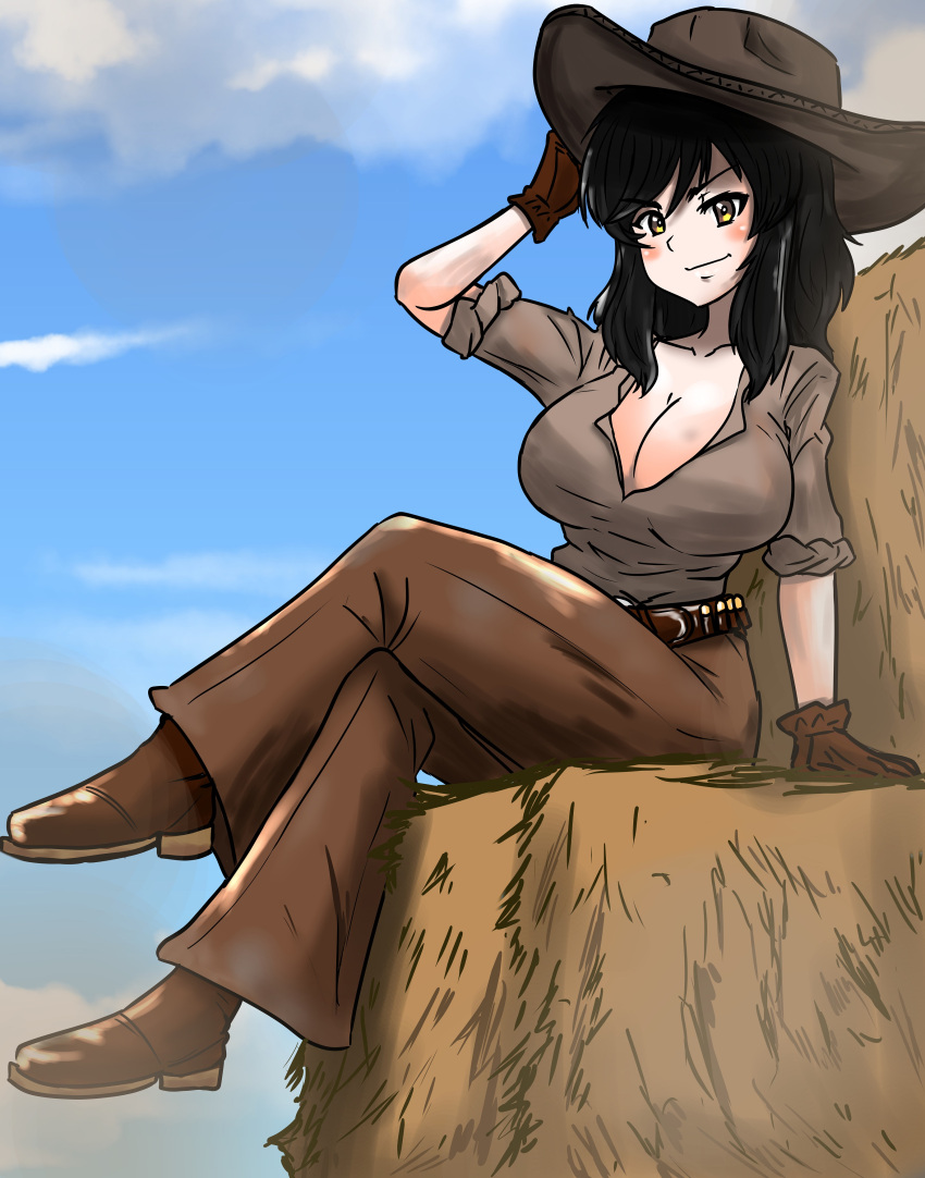 1girl absurdres adjusting_clothes adjusting_headwear alternate_costume belle_(girls_und_panzer) belt black_belt black_hair blue_sky boots breasts brown_eyes brown_footwear brown_gloves brown_pants cleavage cleavage_cutout closed_mouth clothing_cutout cloud cloudy_sky commentary cowboy_hat crossed_legs day dirty girls_und_panzer gloves grey_shirt hat hay highres large_breasts medium_hair moesenyukikaze outdoors pants shirt short_sleeves sitting sky sleeves_rolled_up smile solo
