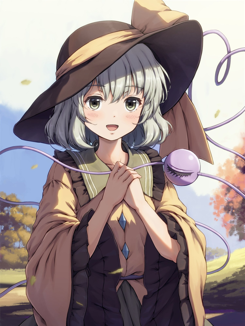 1girl :d black_hat bow buttons collared_shirt commentary_request diamond_button eyeball frilled_sleeves frills green_eyes grey_hair happy hat hat_bow highres kinoniku komeiji_koishi long_sleeves medium_hair outdoors shirt smile solo third_eye touhou tree wide_sleeves yellow_bow yellow_shirt