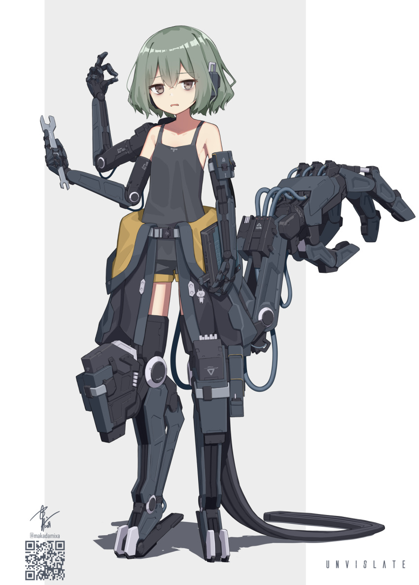1girl bags_under_eyes bare_shoulders brown_eyes camisole collarbone commentary_request full_body green_hair grey_background grey_camisole grey_shorts hair_between_eyes highres looking_at_viewer makadamixa mecha_musume mechanical_arms original parted_lips qr_code shadow short_hair short_shorts shorts signature solo standing twitter_username two-tone_background white_background