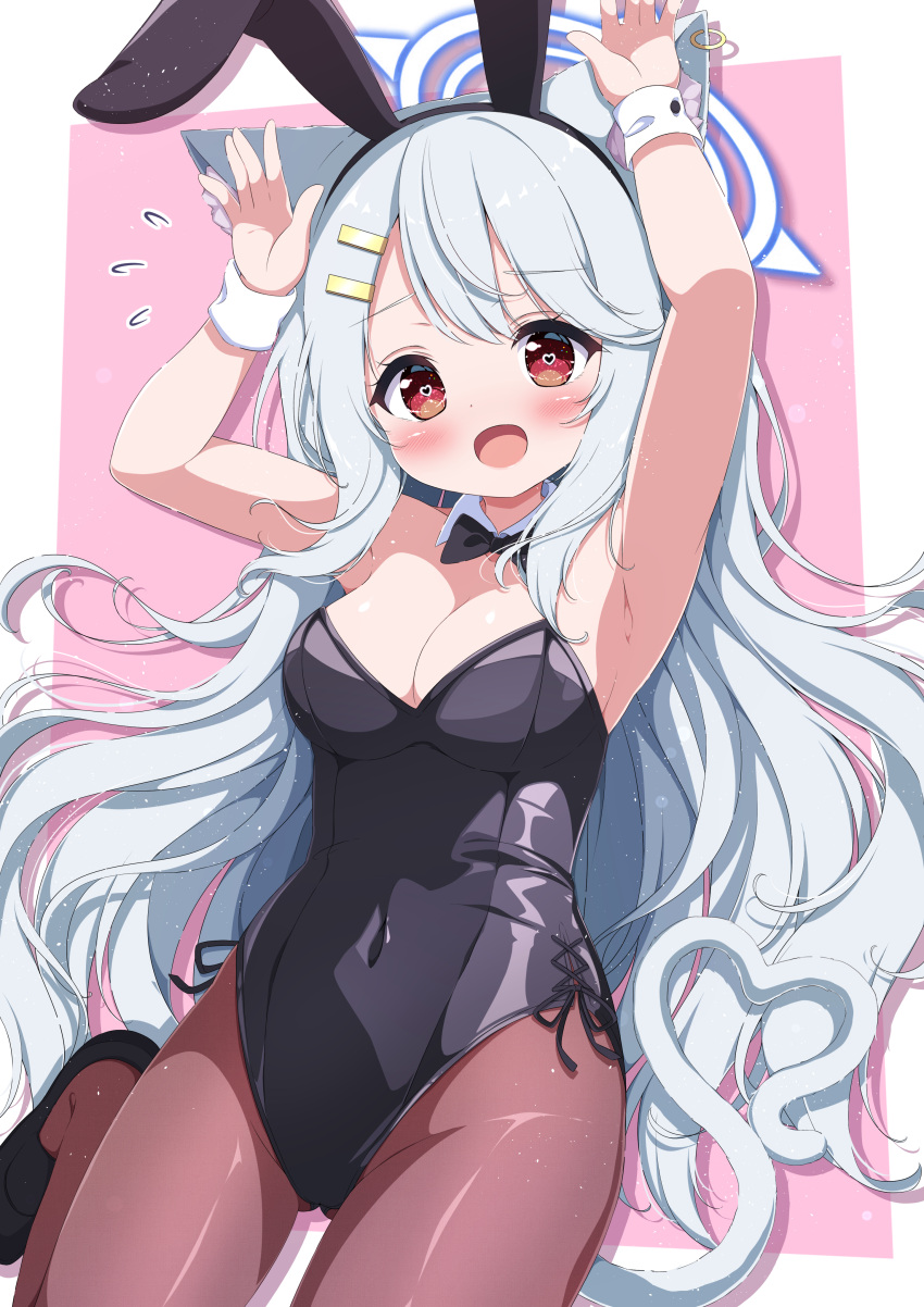 1girl absurdres animal_ears black_leotard cat_ears cat_girl cat_tail fake_animal_ears g4ku grey_hair halo heart heart-shaped_pupils heart_tail highres leotard open_mouth original playboy_bunny rabbit_ears red_eyes solo strapless symbol-shaped_pupils tail wrist_cuffs