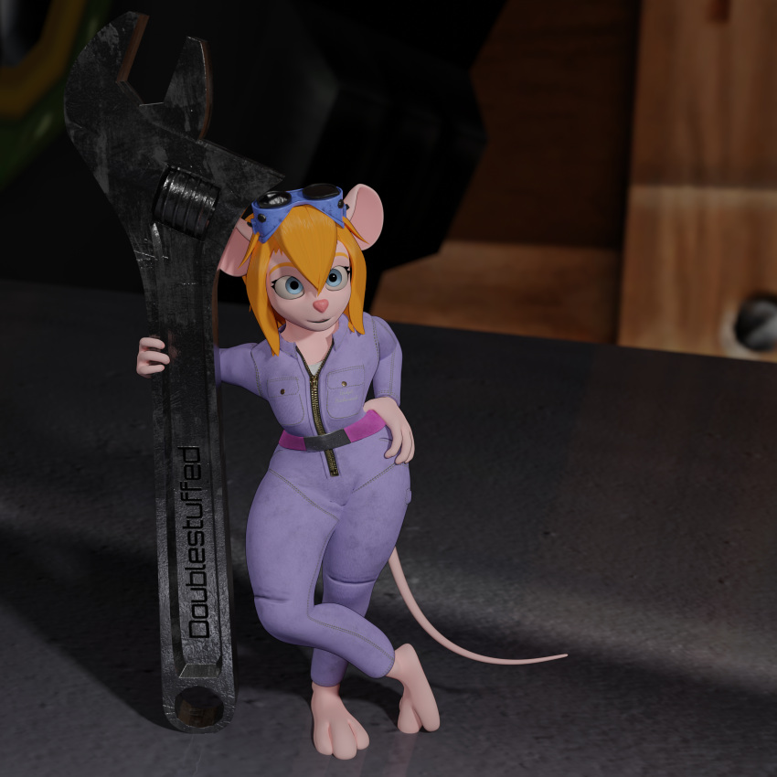 1:1 3d_(artwork) absurd_res anthro blender_(software) blonde_hair blue_eyes chip_'n_dale_rescue_rangers clothing digital_media_(artwork) disney doublestuffed eyewear_on_head female gadget_hackwrench hair hand_on_hip hi_res holding_object long_hair mammal mouse murid murine pink_nose purple_clothing rodent solo tools wrench
