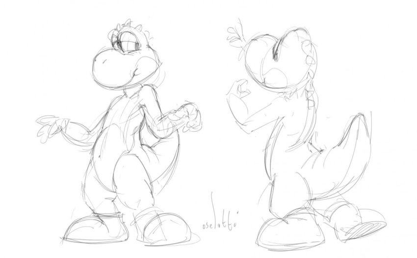 anthro clothing featureless_crotch footwear head_spikes looking_aside male mario_bros monochrome mouth_closed narrowed_eyes nintendo oselotti shoes simple_background solo spikes spikes_(anatomy) standing tail thick_thighs yoshi