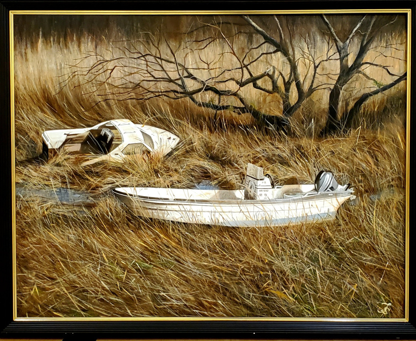 abandoned bare_tree boat dead_plants engine grass highres mizukiteiko8 motor_vehicle no_humans original painting_(medium) photo_(medium) picture_frame scenery traditional_media tree watercraft