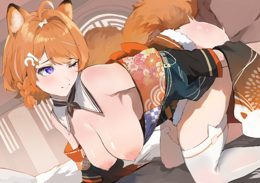 !? 1boy 1girl all_fours animal_ear_fluff bare_shoulders blush braid breasts character_request copyright_request detached_collar doggystyle hanging_breasts hetero highres indoors japanese_clothes looking_back nipples no_bra orange_hair purple_eyes short_hair single_braid tail thighhighs tomochi_(tmc_tmc8) white_thighhighs wide_sleeves wince