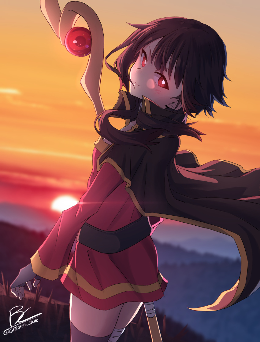 1girl absurdres asymmetrical_legwear bandaged_leg bandages black_cape black_hair black_thighhighs cape closed_mouth creates_blue_(megufan) dress glowing glowing_eyes gradient_sky highres holding holding_staff horizon kono_subarashii_sekai_ni_shukufuku_wo! light_smile looking_at_viewer looking_back megumin mismatched_legwear orange_sky outdoors red_dress red_eyes short_dress short_hair signature sky solo staff sun sunset thighhighs zettai_ryouiki