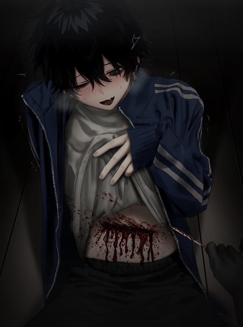 1boy absurdres bags_under_eyes black_hair black_pants blood blood_on_clothes blood_on_knife blue_jacket blush clothes_lift disembodied_limb grey_eyes guro hair_between_eyes highres holding holding_knife imai_akira injury jacket knife lifted_by_self long_sleeves male_focus masochism on_floor one_eye_closed open_clothes open_jacket open_mouth original pants saliva shirt shirt_lift sitting solo sweat track_jacket