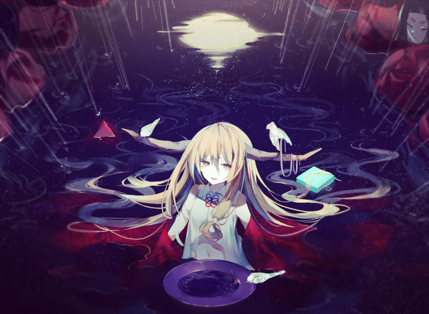 1girl alcohol bow bowl cuffs hair_bow highres horn_bow horn_ornament horn_ribbon horns ibuki_suika moon oni open_mouth orange_hair pyramid_(geometry) reflection reflective_water ribbon sake solo touhou water water_drop yellow_eyes zhixie_jiaobu