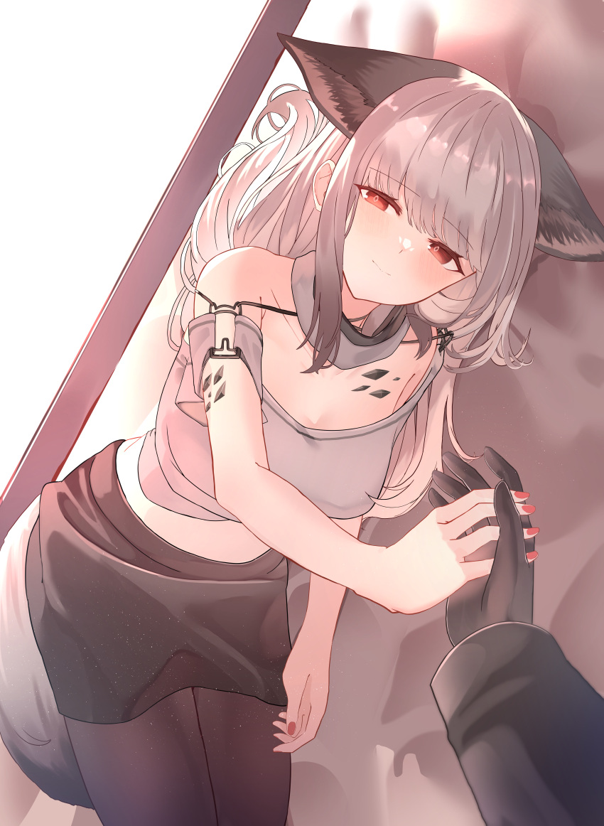 1girl 1other absurdres animal_ear_fluff animal_ears arknights bare_shoulders black_gloves black_pantyhose black_skirt blush closed_mouth crop_top dutch_angle frostleaf_(arknights) gloves grey_hair grey_shirt half-closed_eyes highres long_hair long_sleeves looking_at_viewer lying midriff nail_polish off_shoulder on_side out_of_frame pantyhose red_eyes red_nails shirt skirt smile suzubotan tail
