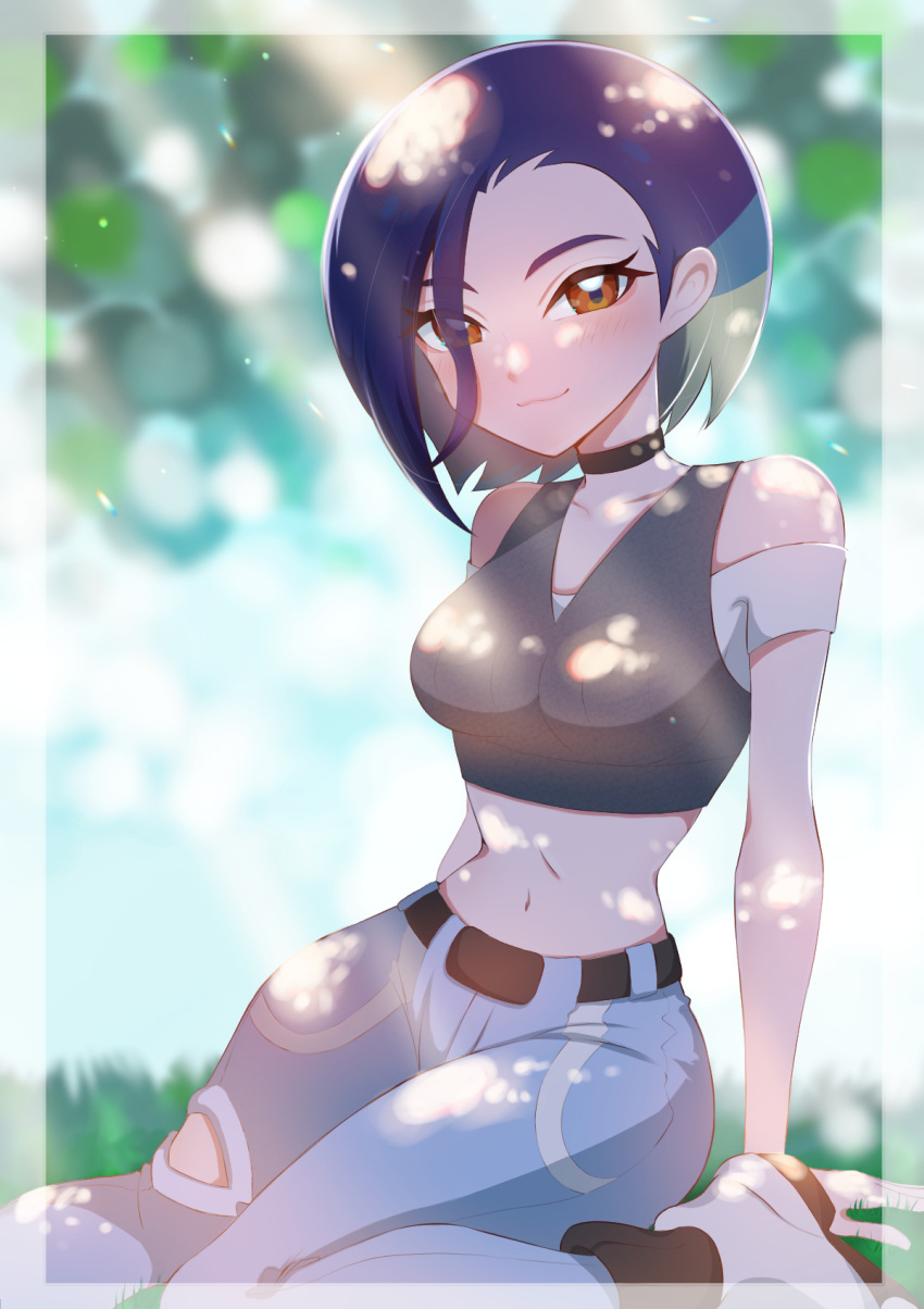 1girl arm_support belt black_belt black_choker black_socks blue_hair blue_pants blush breasts brown_eyes choker closed_mouth commentary_request day grass grey_vest highres hwxf5232 looking_at_viewer loose_hair_strand navel off-shoulder_shirt off_shoulder outdoors pants perrin_(pokemon) pokemon pokemon_sv shirt shoes sitting smile socks solo vest white_footwear white_shirt