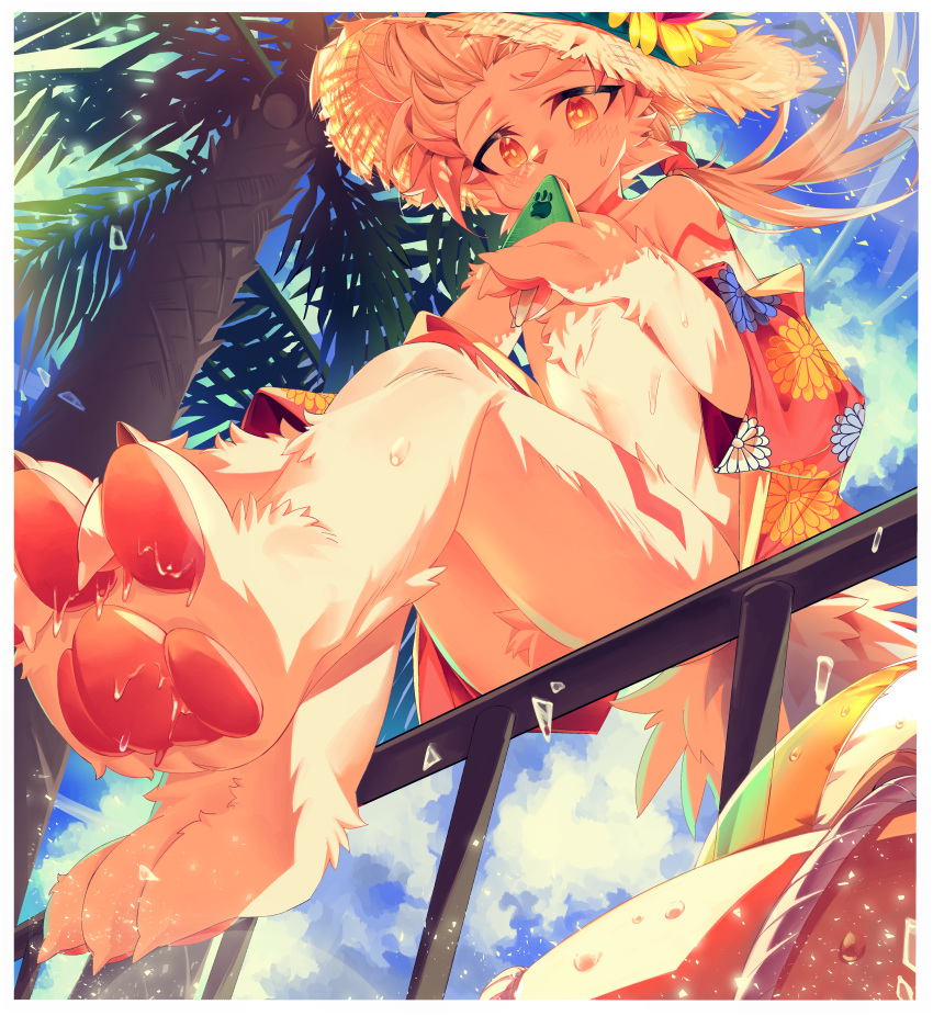 absurd_res aloha_shirt anthro ball beach_ball blue_sky blush bodily_fluids border canid canine casual_exposure cheek_tuft chest_tuft clothed clothing cloud crotch_tuft dangling_legs day detailed_background eating facial_tuft feet fingers_between_toes floral_print flowing_hair food foot_focus fox fur hair hat headgear headwear hi_res holding_food holding_object holding_popsicle inflatable legs_together looking_at_foot looking_at_self looking_down low-angle_view male male_anthro mammal mostly_nude off_shoulder on_railing open_clothing open_shirt open_topwear outside palm_tree particles pattern_clothing pattern_shirt pattern_topwear pawpads pawprint_print pink_pawpads plant ponytail popsicle railing shirt sia_(chambanfurry) sitting sky solo straw_hat sun_hat sunny sweat sweaty_feet tan_body tan_fur topwear tree tuft unknown_artist white_border wind worm's-eye_view yellow_eyes