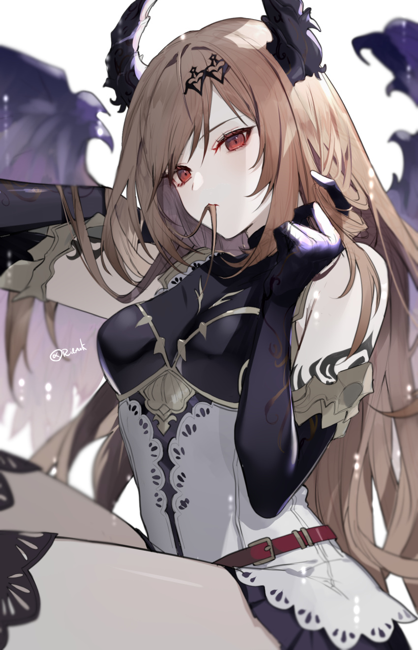 black_wings dark_angel_olivia elbow_gloves fallen_angel feathered_wings gloves gradient_wings granblue_fantasy hair_ornament highres horns long_hair multicolored_wings purple_wings red_eyes rilmok shingeki_no_bahamut sitting spread_wings wings