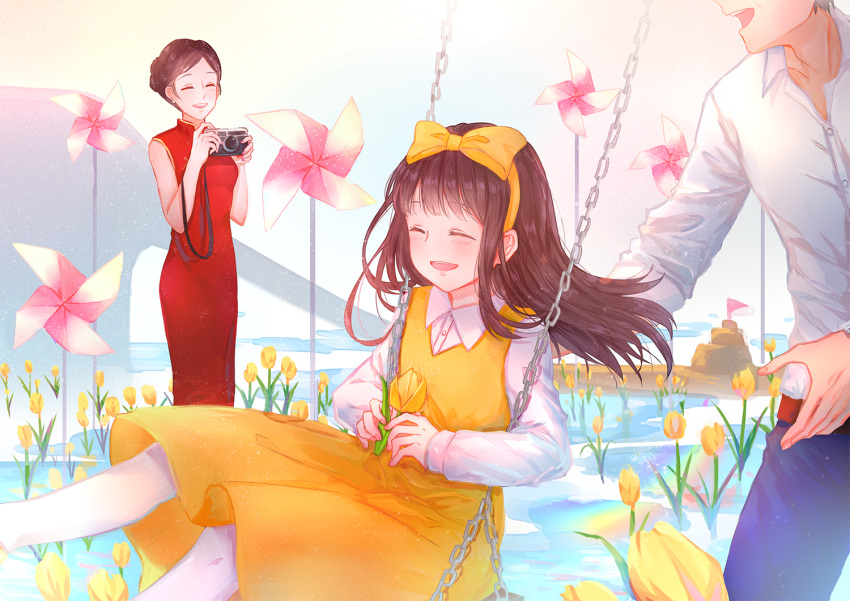 1boy 2girls :d blue_pants brown_hair camera closed_eyes devotion dress du_fengyu du_meishin elephant_slide family flower gong_lifang hairband head_out_of_frame holding holding_flower hyaku_hiiragi long_hair long_sleeves multiple_girls origami pants pantyhose pinwheel red_dress sand_castle sand_sculpture shirt sleeveless sleeveless_dress slide smile standing swing tulip water white_pantyhose white_shirt yellow_dress yellow_flower yellow_hairband yellow_tulip