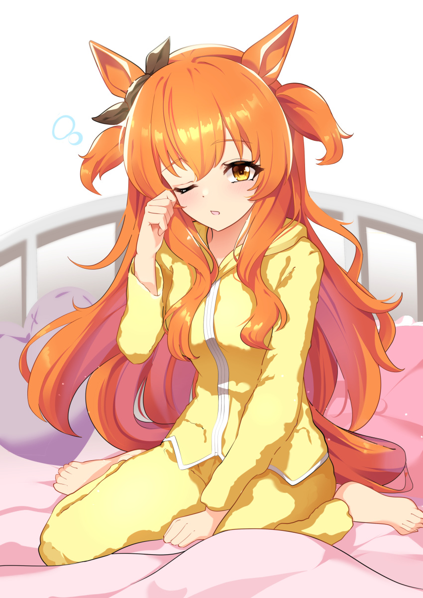1girl absurdres alternate_costume animal_ears barefoot blush commentary_request ear_ornament hair_between_eyes heart heart-shaped_pillow highres horse_ears horse_girl horse_tail long_hair long_sleeves mayano_top_gun_(umamusume) on_bed one_eye_closed orange_eyes orange_hair pajamas parted_lips pillow simple_background sitting solo sunny_(20597521) tail two_side_up umamusume very_long_hair waking_up wariza white_background yellow_pajamas