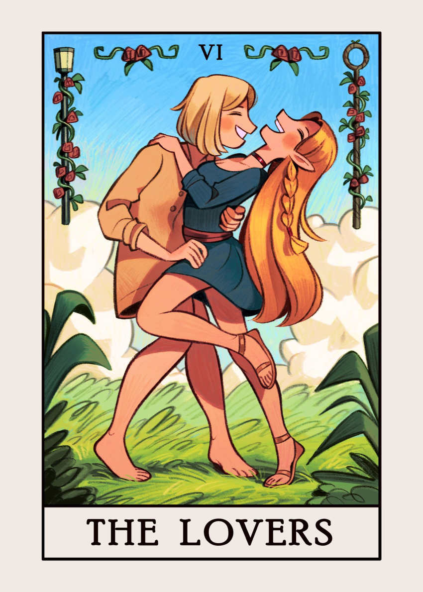 2girls barefoot blonde_hair blue_dress blue_sky braid choker closed_eyes cloud commentary dress dungeon_meshi elf falin_touden falin_touden_(tallman) flower friedbaens full_body grass hand_on_another's_back hand_on_another's_shoulder hand_on_another's_waist highres long_hair long_sleeves marcille_donato multiple_girls open_mouth outdoors pointy_ears red_choker red_flower sandals shirt short_hair sky smile standing tarot tarot_(card) the_lovers_(tarot) toes yellow_shirt yuri