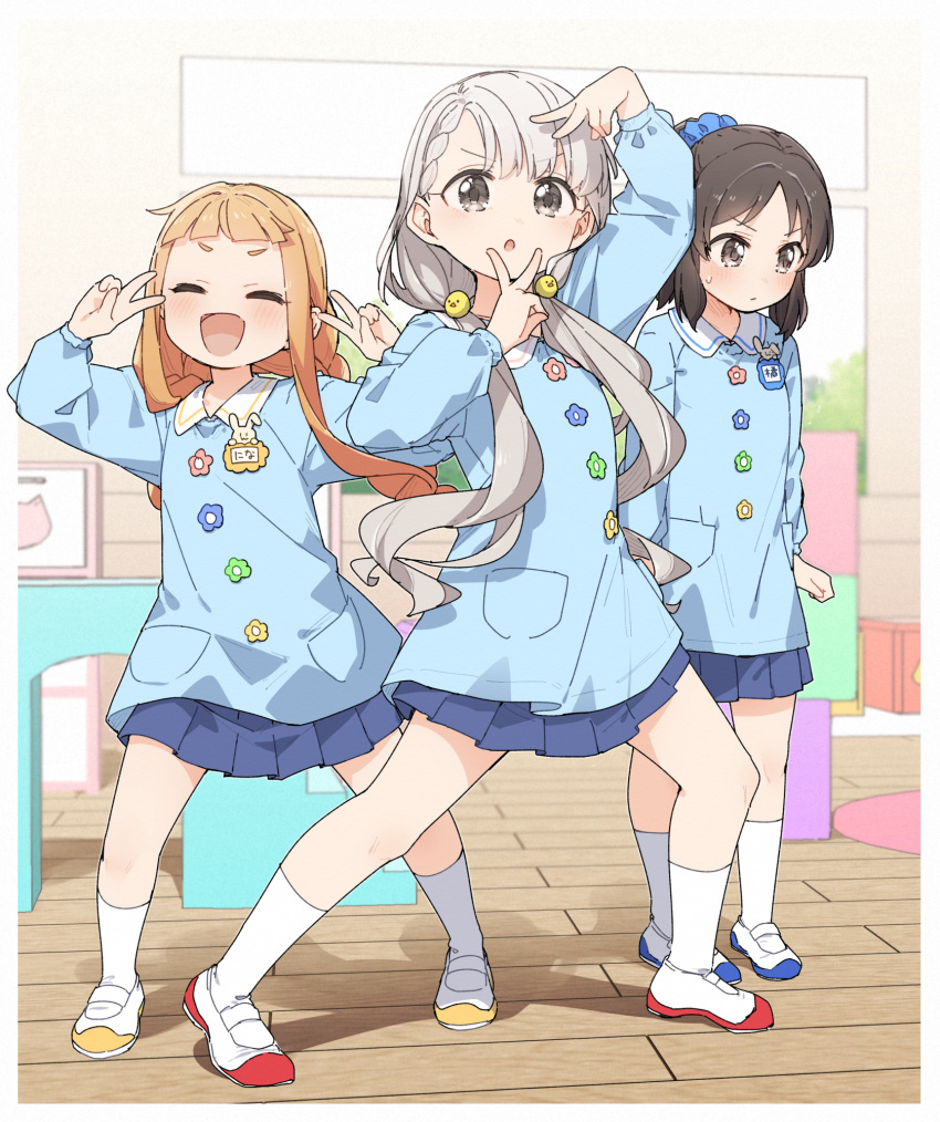 3girls :d ^_^ arm_up blue_footwear blue_shirt blue_skirt blush braid braided_bangs brown_eyes brown_hair closed_eyes commentary_request flower grey_hair hairband hand_gesture hand_up hands_up highres hisakawa_nagi ichihara_nina idolmaster idolmaster_cinderella_girls idolmaster_cinderella_girls_starlight_stage kindergarten kindergarten_uniform low_twintails multiple_girls orange_hair red_footwear shirt skirt smile socks tachibana_arisu twintails v v_over_eye white_socks yellow_footwear yukie_(kusaka_shi)