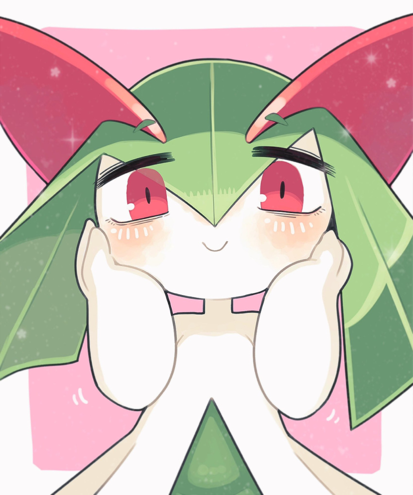 bags_under_eyes blush colored_skin green_hair hands_on_own_cheeks hands_on_own_face highres horns ino_(tellu0120) kirlia looking_at_viewer multicolored_skin pink_background pink_eyes pokemon pokemon_(creature) sidelocks simple_background smile square two-tone_skin white_skin