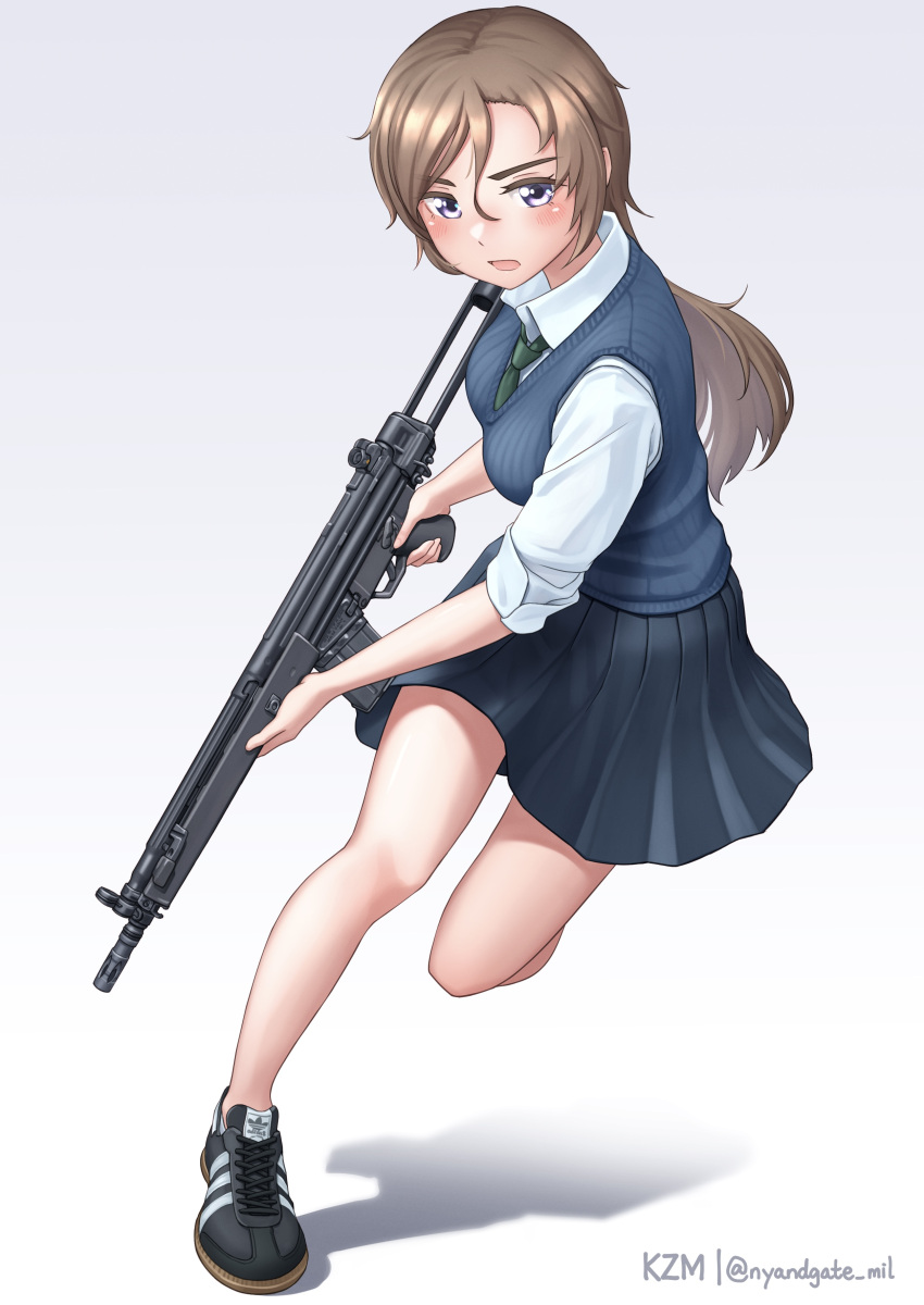 1girl absurdres adidas artist_name battle_rifle black_footwear black_skirt blue_eyes blue_skirt blue_sweater_vest blush breasts brown_hair collared_shirt commentary_request dress_shirt frown full_body gradient_background green_necktie grey_background gun h&amp;k_g3 hair_between_eyes highres holding holding_gun holding_weapon kzm_(sub-moa_works) leaning_to_the_side leg_up long_hair long_sleeves looking_at_viewer medium_breasts miniskirt necktie no_socks open_mouth original parted_bangs pleated_skirt purple_eyes rifle running school_uniform shadow shirt shoes skirt sleeves_rolled_up sneakers solo standing standing_on_one_leg sweater_vest twitter_username very_long_hair weapon white_background white_shirt wing_collar