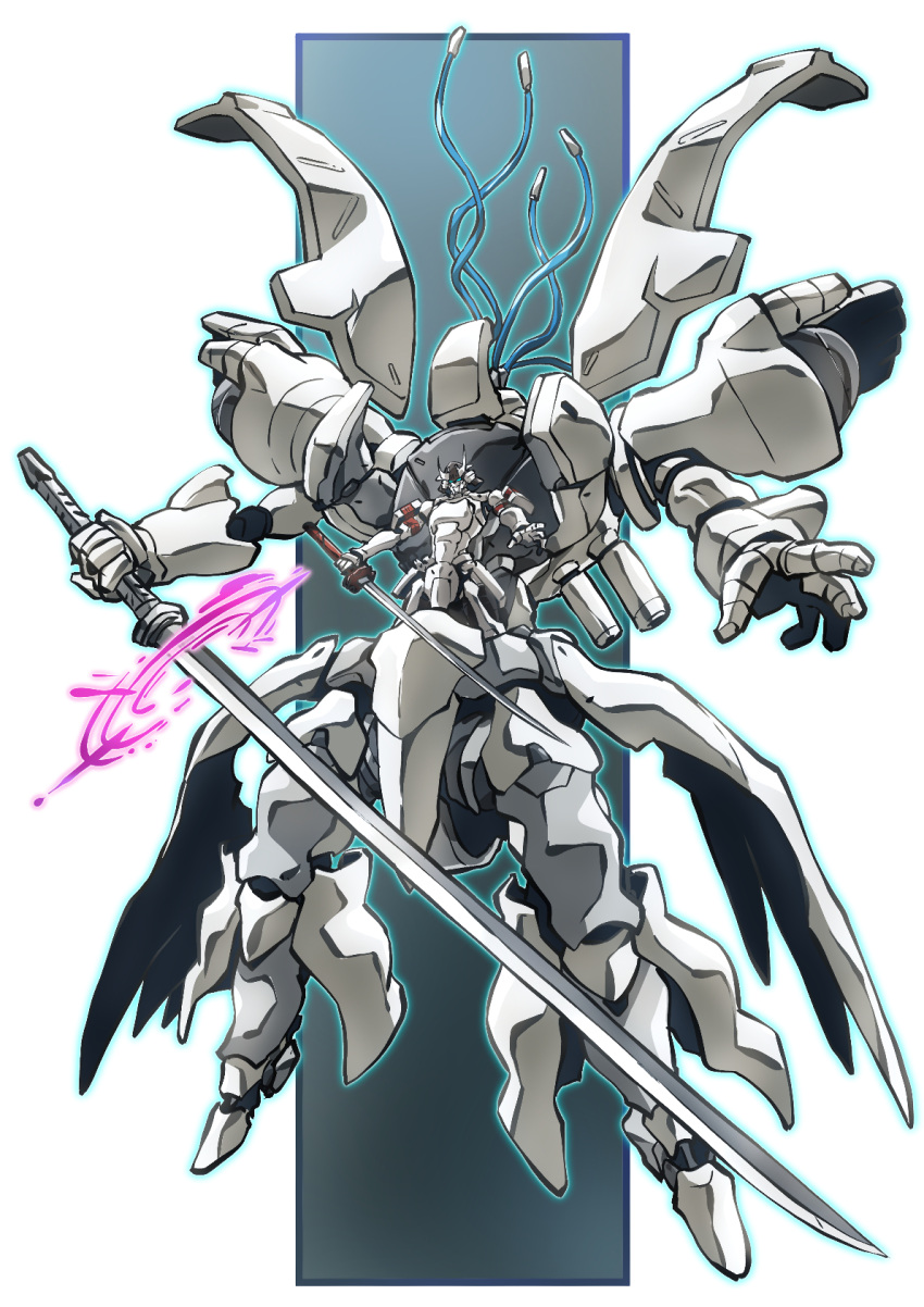 1boy armor cable externally_piloted_mecha full_armor halo helmet highres holding holding_sword holding_weapon horns huge_weapon japanese_armor kabuto_(helmet) katana mecha pink_halo robot shangri-la_frontier solo sword taiga_hiroyuki weapon wethermon