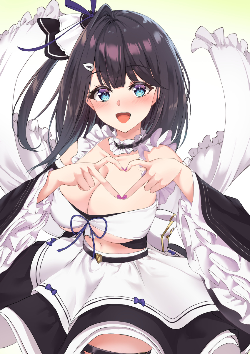 1girl :d absurdres azur_lane blue_eyes blush breasts cleavage collar cowboy_shot detached_collar detached_sleeves frilled_collar frilled_sleeves frills gradient_background green_background hair_ornament hair_ribbon hairclip hands_up heart heart_hands highres large_breasts liverpool_(azur_lane) long_hair looking_at_viewer maid midriff navel open_mouth purple_eyes purple_nails ribbon simple_background single_hair_intake smile solo two-tone_eyes white_background wide_sleeves yanazawa_ko