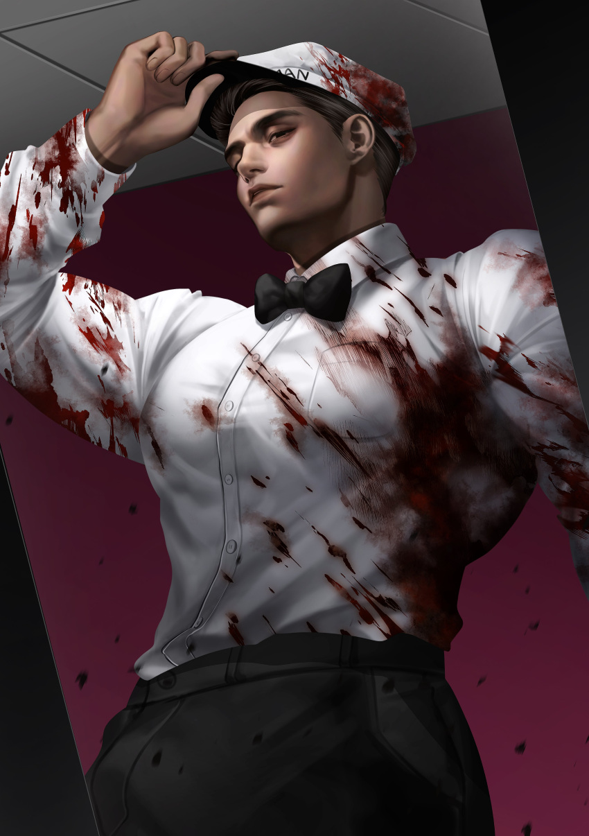 1boy absurdres bara black_hair black_pants blood blood_on_clothes bow bowtie closed_mouth collared_shirt francis_mosses hat highres indoors large_pectorals looking_at_viewer male_focus muscular muscular_male pants pectorals shirt short_hair solo textless_version that's_not_my_neighbor vanlious white_shirt