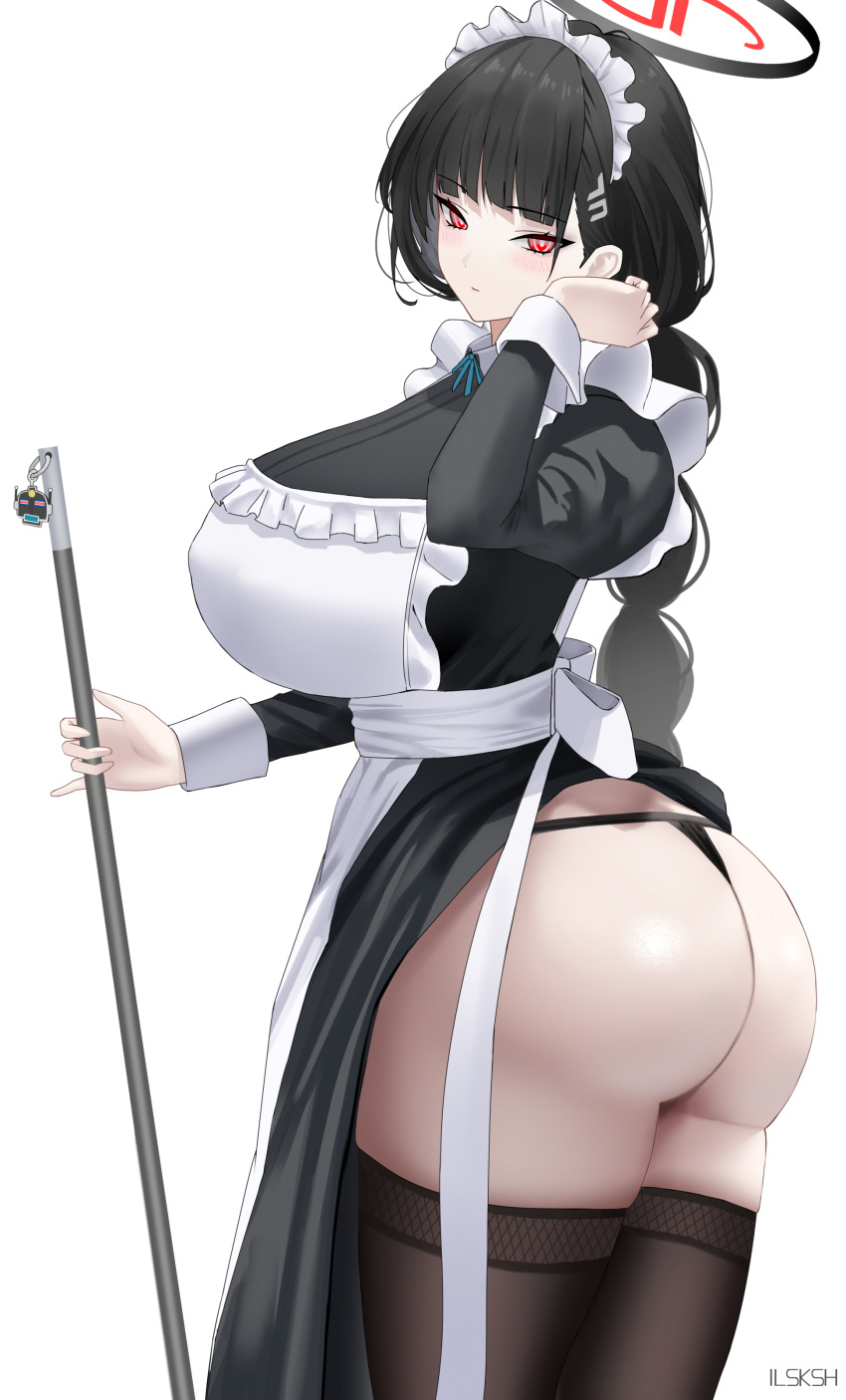 1girl absurdres alternate_costume apron artist_name ass black_dress black_hair black_halo black_panties black_thighhighs blue_archive blush breasts closed_mouth commentary dress from_side halo highres holding holding_staff huge_ass ilsksh juliet_sleeves large_breasts long_hair long_sleeves looking_at_viewer low-braided_long_hair low-tied_long_hair maid_apron maid_headdress panties puffy_sleeves red_eyes rio_(blue_archive) solo staff thighhighs underwear white_apron